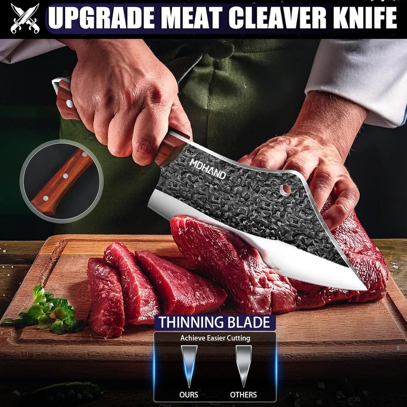 MDHAND Butcher Knife Set, 8PCS Hand Forged Butcher Chef Knife Set with Gift Box, Meat Cutting Knife for Kitchen, Bone Chopper Knives & Viking Knives for Home & Camping & Outdoor, BBQ Gift for Men - Image 3